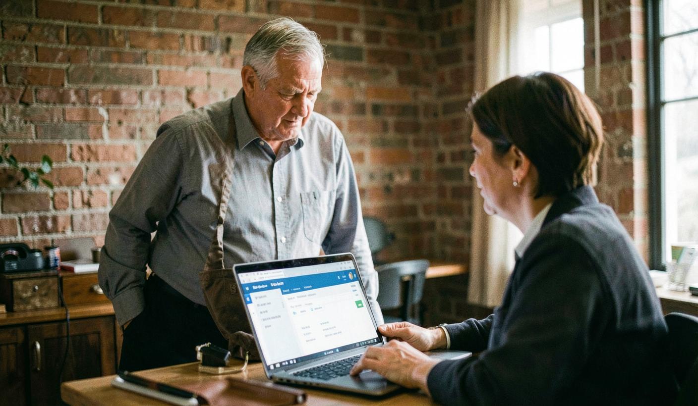 A sales coach and a rep reviewing an AI practice session together on a laptop