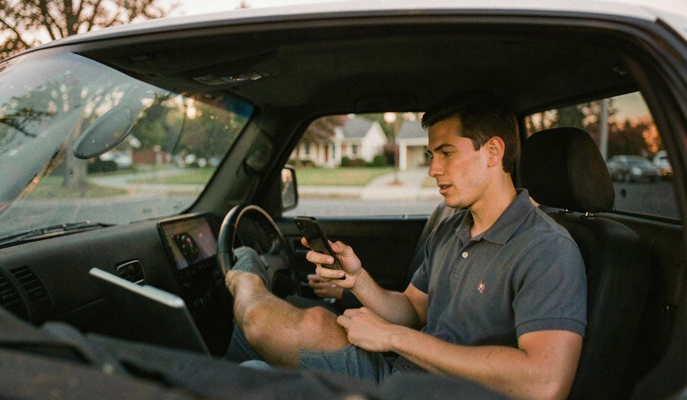 A field sales rep rehearsing a pitch into his phone from the driver's seat of a parked truck at dusk