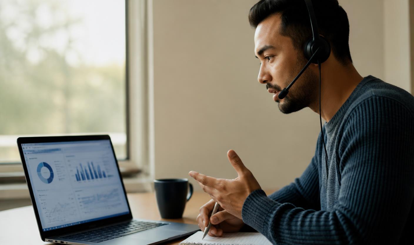 A sales representative wearing a headset rehearsing a simulated call against an AI buyer on his laptop