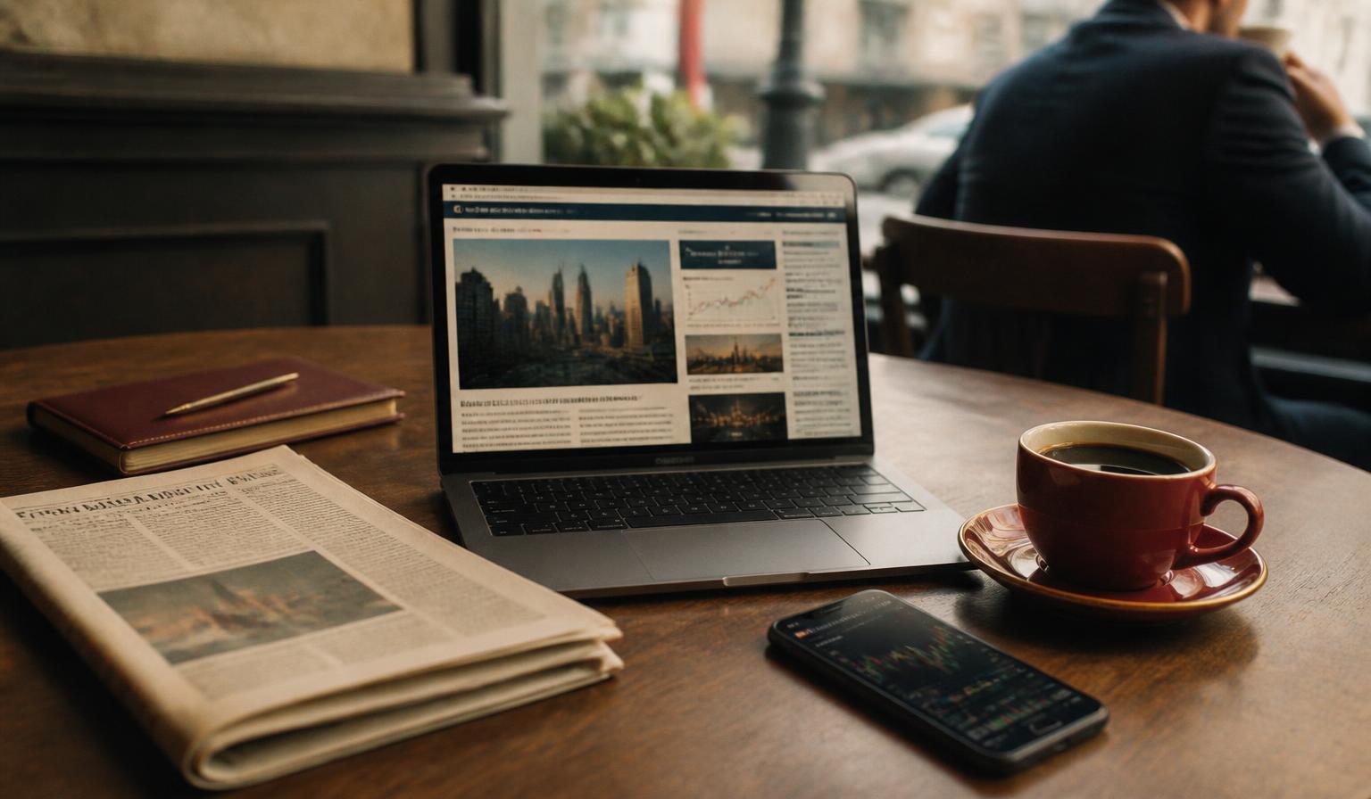 A laptop open to a business news page beside a folded newspaper, a phone showing market charts and a cup of coffee on a café table