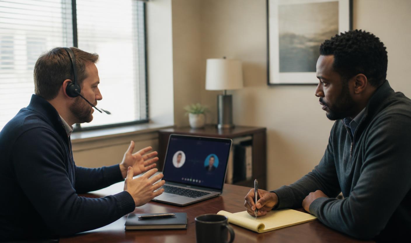 A sales rep in a headset running a conversational AI roleplay on a laptop while a manager takes notes across the desk