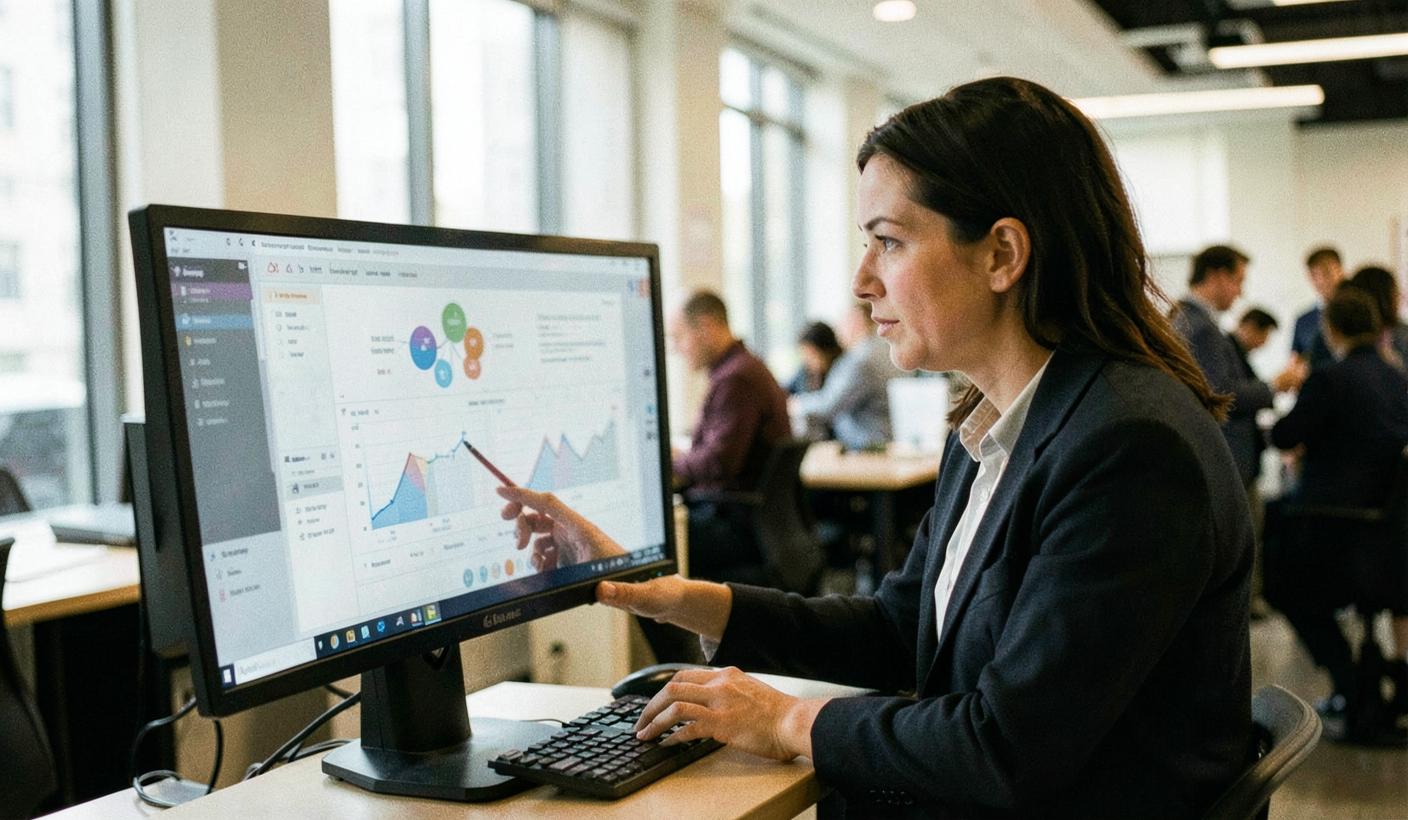 A sales enablement manager at a large enterprise reviewing an AI coaching dashboard on a widescreen monitor