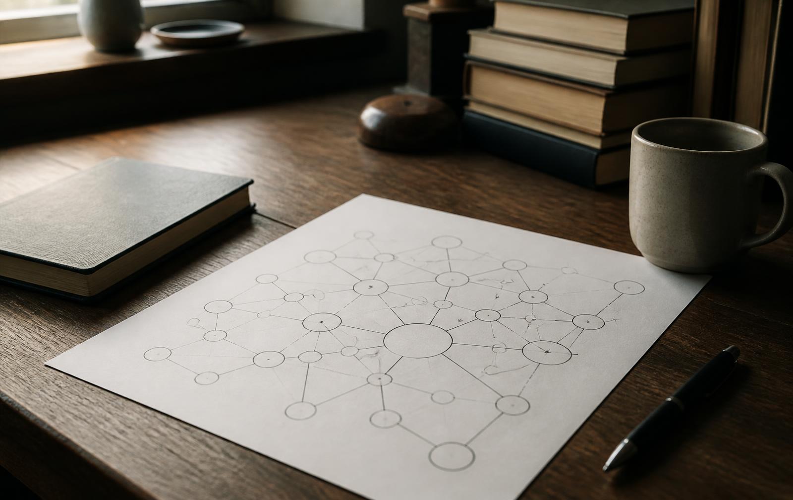An analyst's desk with a printed network diagram of connected nodes beside a notebook and coffee cup