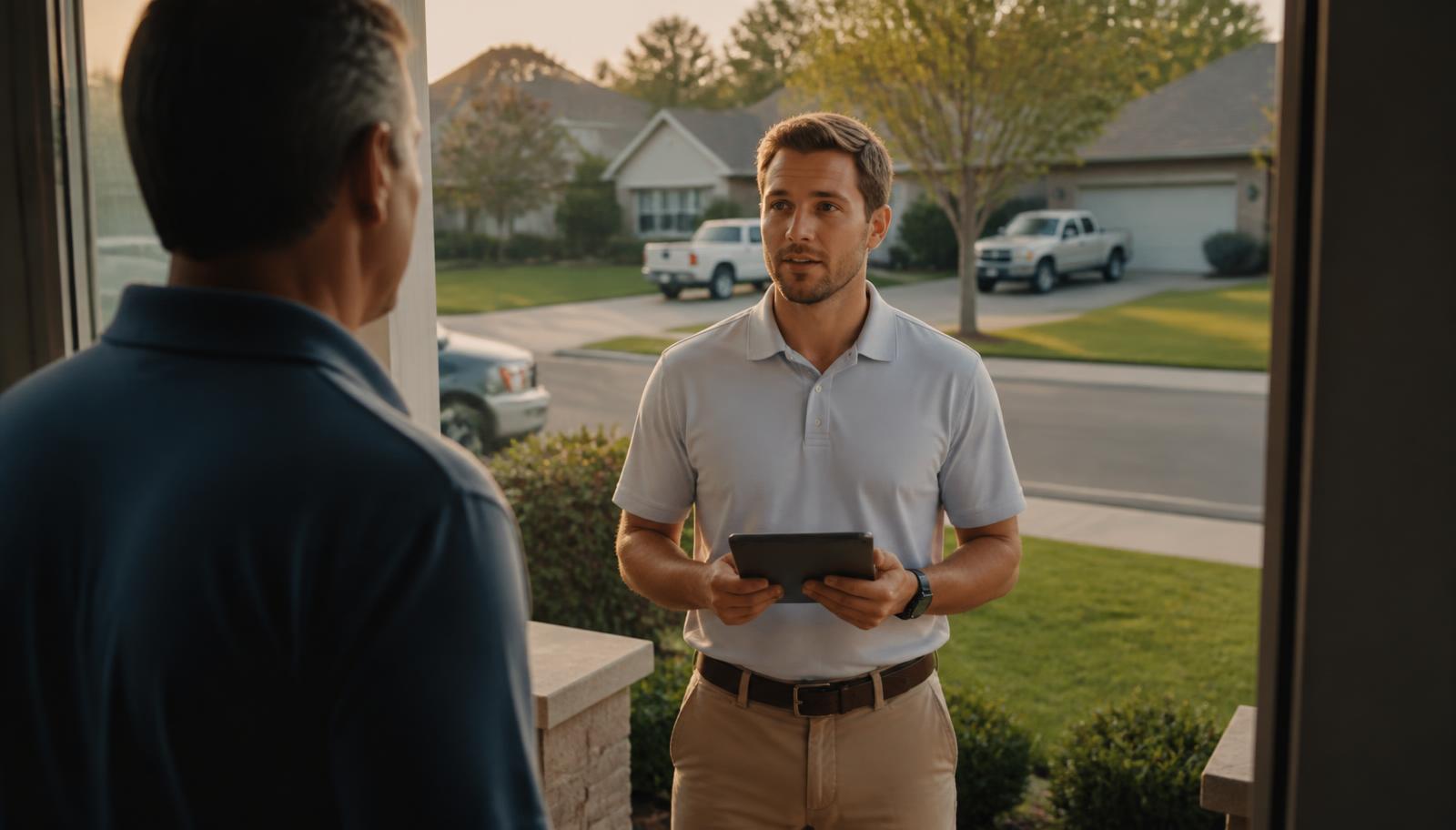 A field sales rep with a tablet talking with a homeowner at a suburban front door