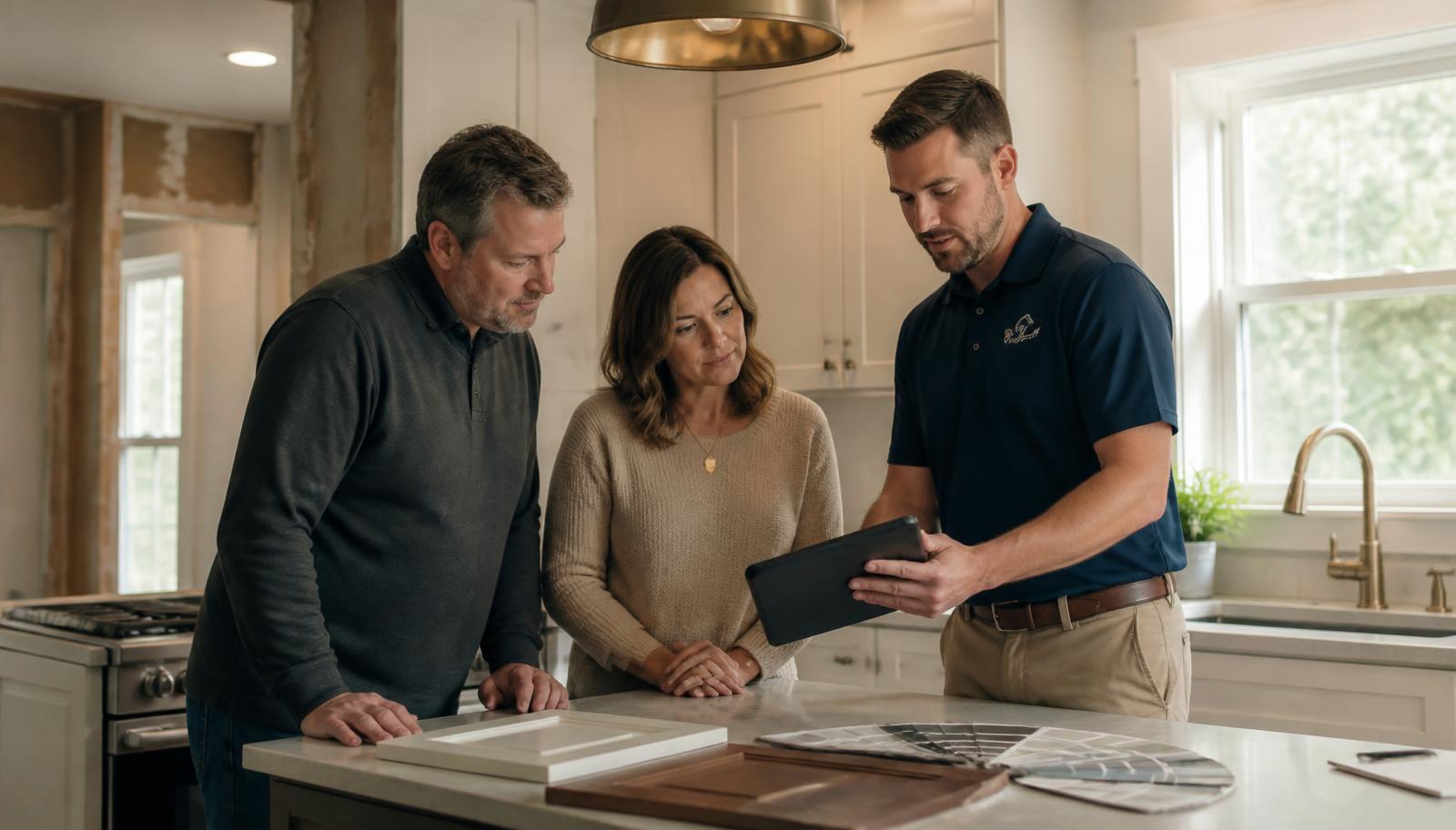An in-home sales consultant showing a tablet to a couple at a kitchen island during a renovation