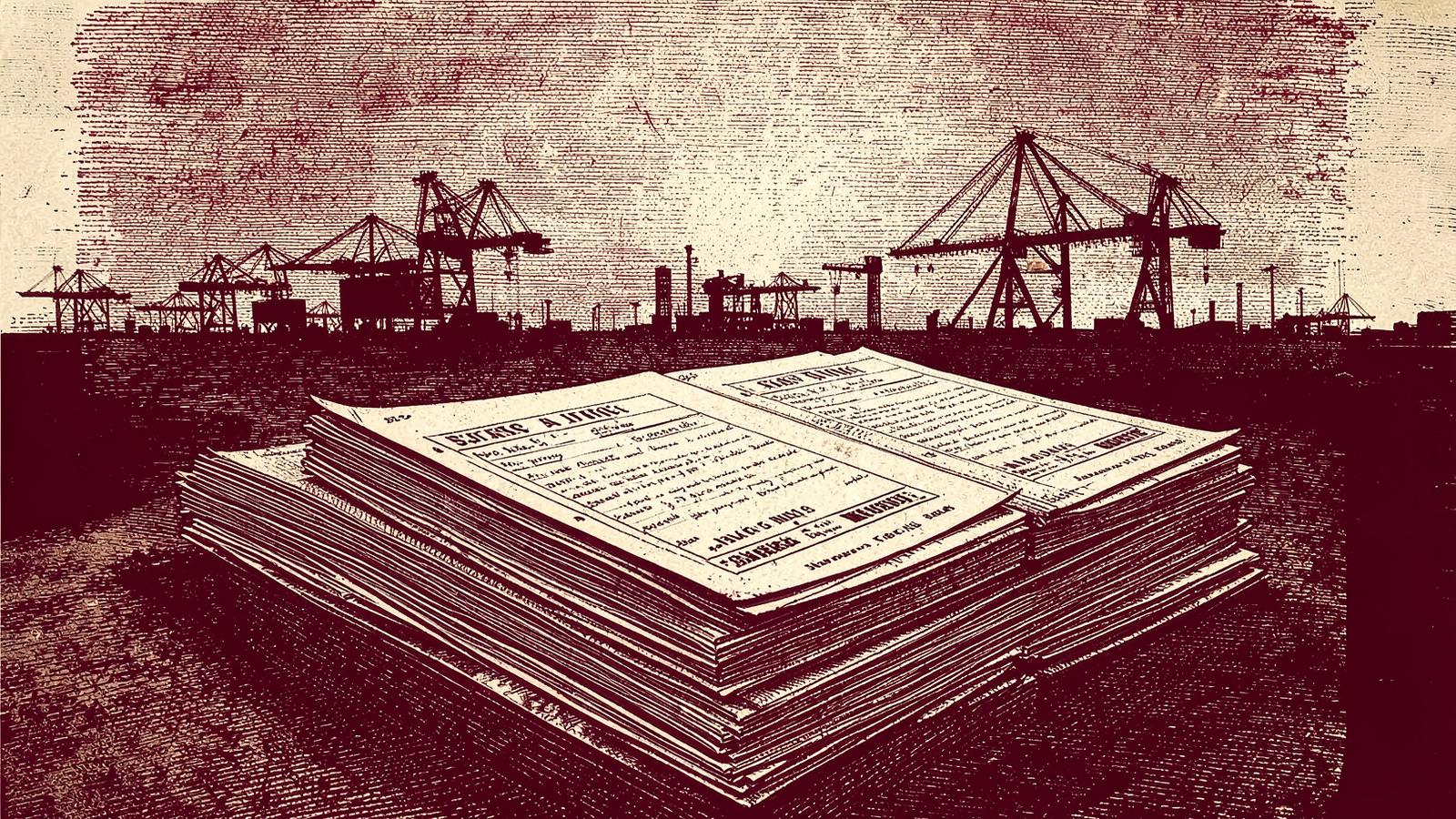 Engraved illustration of dock ledgers and harbour cranes at dawn