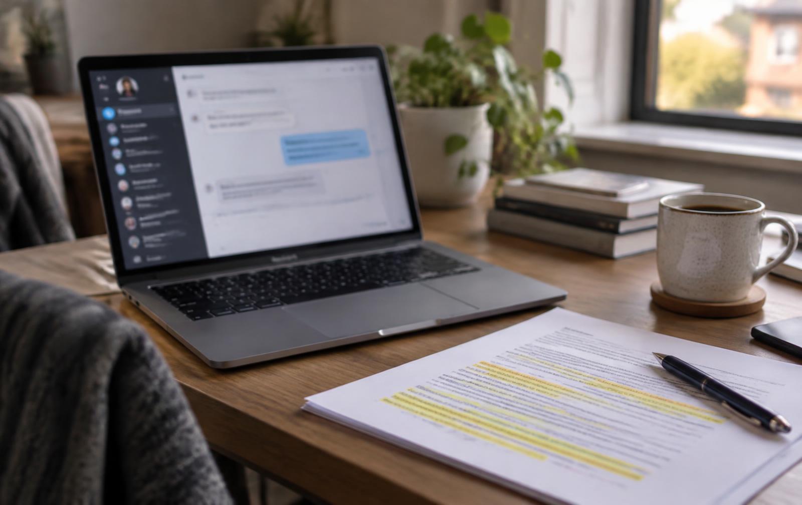 A laptop showing a chat assistant beside a printed page of highlighted paragraphs on a wooden desk