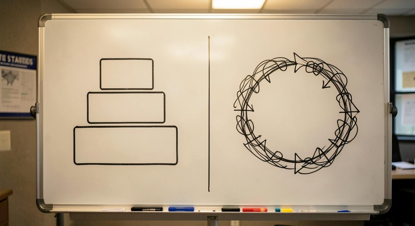 A whiteboard split in two: a plain three-tier stack diagram on the left, and the same tiers redrawn as a circular supply-chain flow on the right